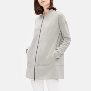 Eileen Fisher Brushed Cotton Terry Long Flight Jacket Size S Small Full Zip Gray